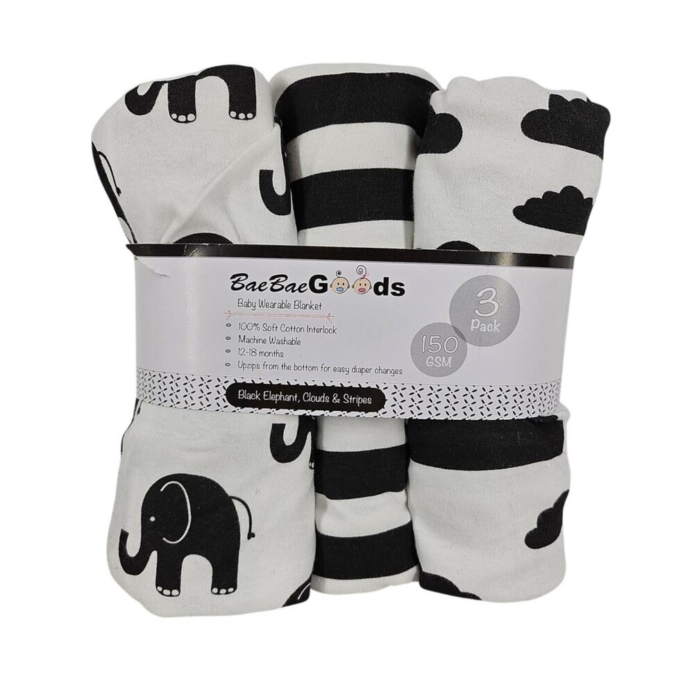 BAEBAE GOODS 3PK BABY WEARABLE BLANKETS – SOFT COTTON – ZIP BOTTOM – 0–12 MONTHS